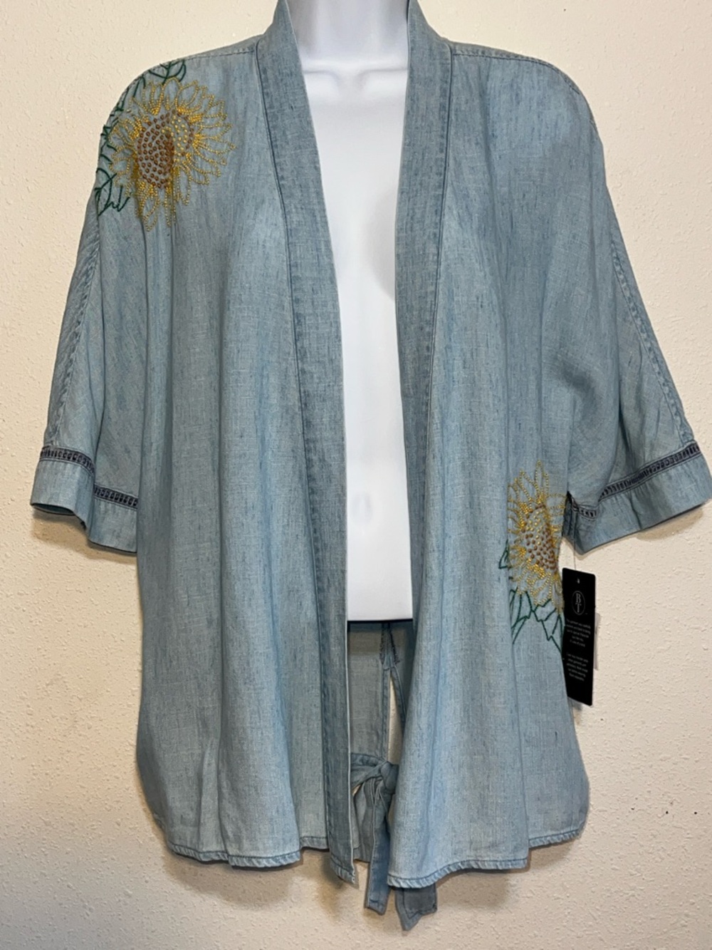 Billy T Light Wash Denim Kimono Jacket with Sunflower Embroidery